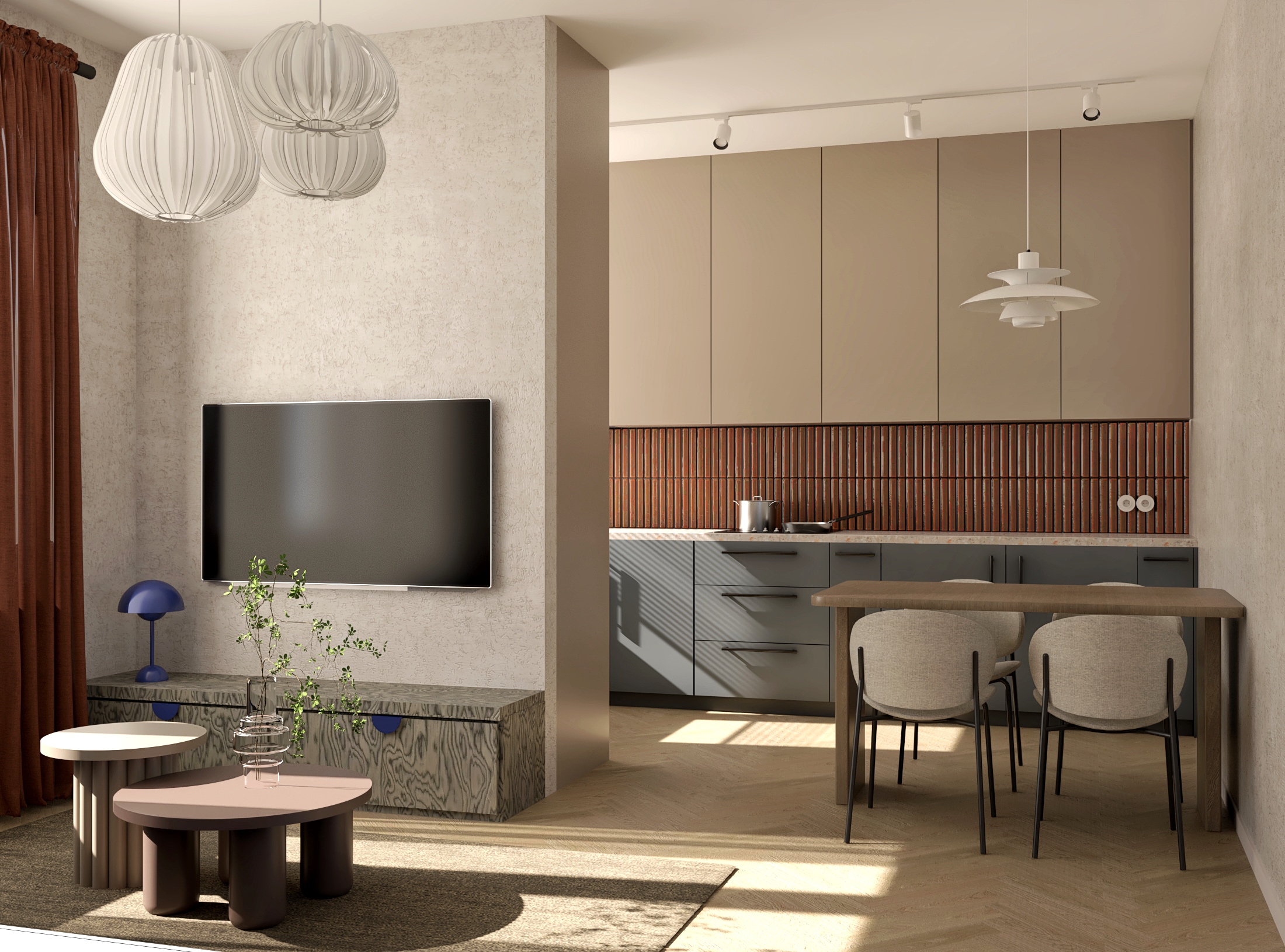 Nowoczesny salon z aneksem kuchennym, niebieskie meble, ceglane płytki kuchenne, oryginalne oświetlenie, projektowanie wnętrz Warszawa fuzja design.