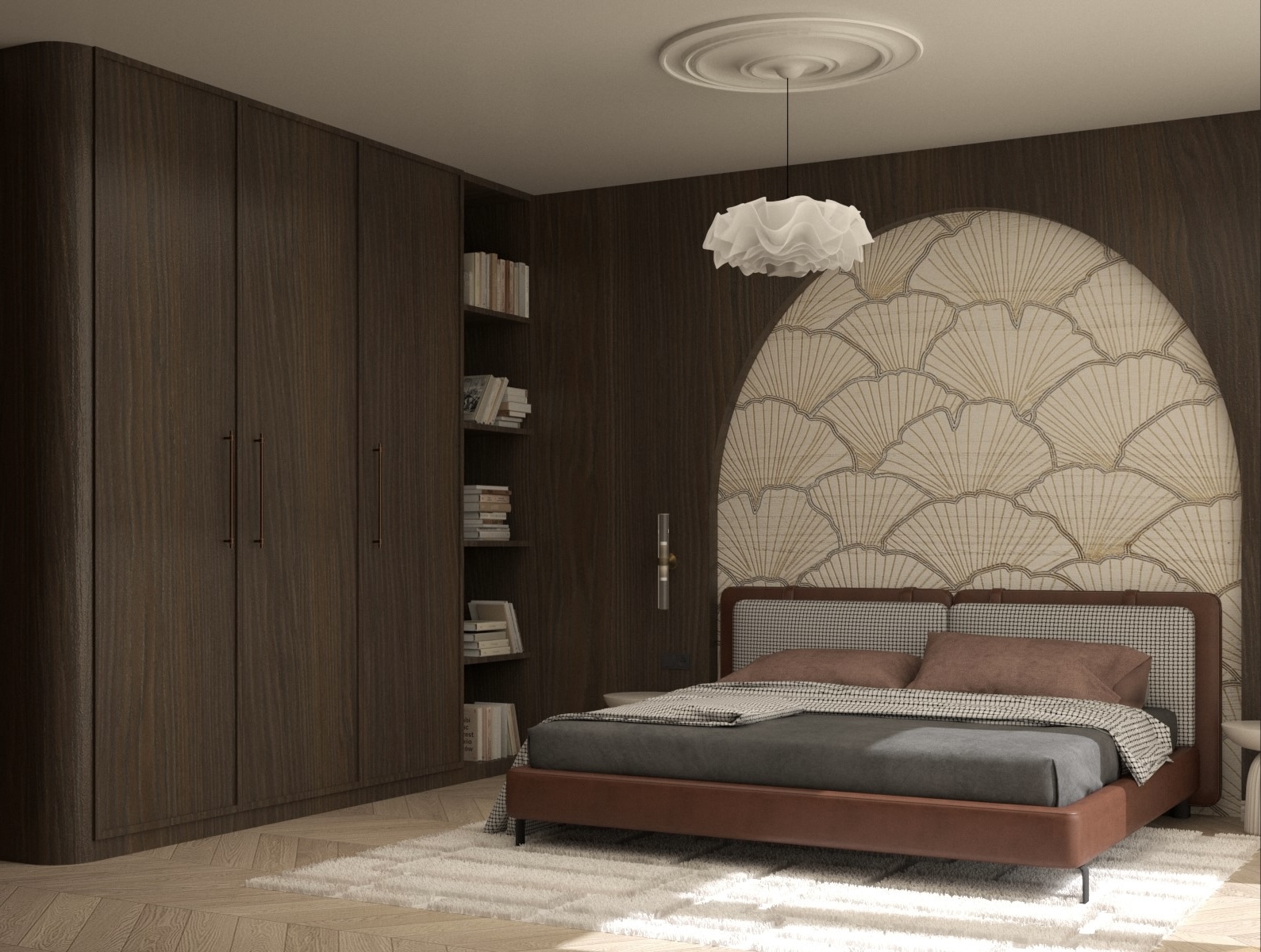 Elegancka nastrojowa sypialnia, dekoracyjny łuk z tapetą, ciemne drewno na ścianie, modern classic, projektowanie wnętrz Warszawa